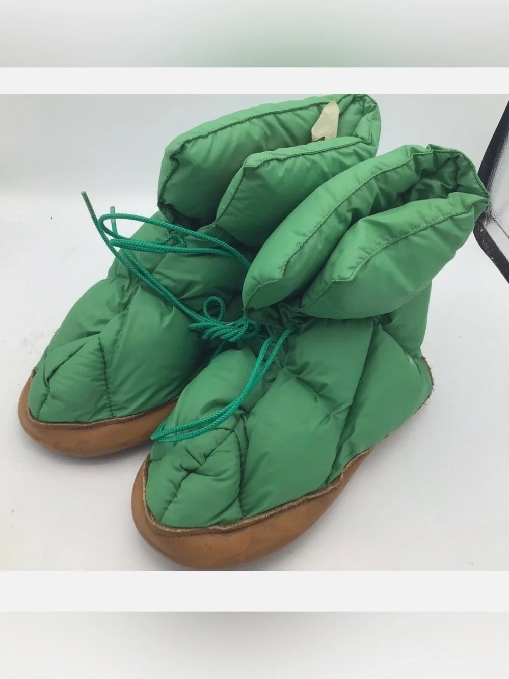 Vintage Eddie Bauer Puffer Goose Down Camp Slippers Size Small Green